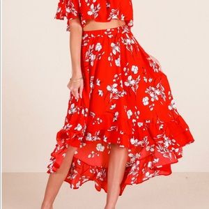 Red floral midi skirt NWT